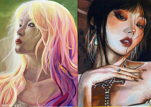 light, 2024, gouache on cardstock, | dark, 2024, oil pastel and coloured pencil on paper, 42x60cm