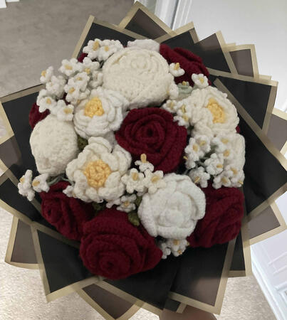 rose and peony bouquet, 2024, crochet